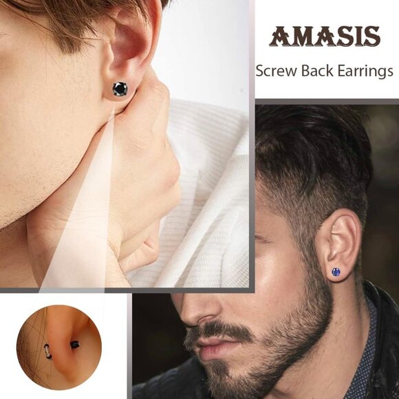 Set of 6 Black Screw Back CZ Stud Earrings for Women and Men, Hypoallergenic 316 - Picture 3 of 9